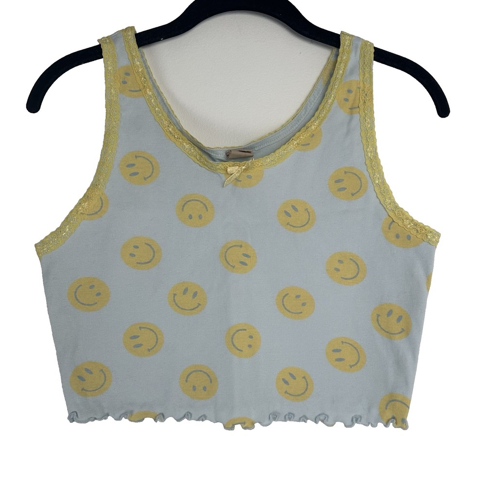 Smiley Print Yellow Lace-Trim Crop Tank Top